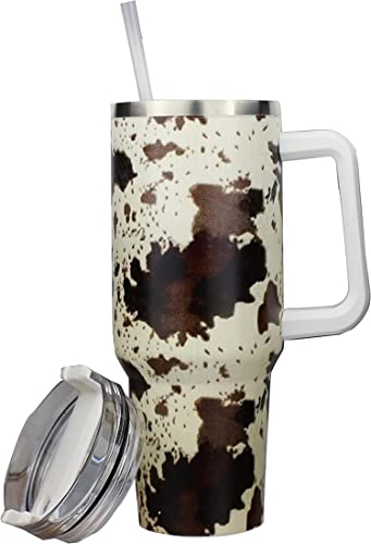 wonshia 40oz brown Cow Tumbler With handle, Stainless Steel Tumbler With Lid and Straws, Double Vacuum Leak Proof Travel Coffee Mug Cup Water Bottle For Home, Office, Party……