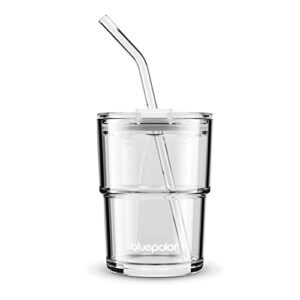 bluepolar 13oz/400ml glass water tumbler with straw and lid sealed carry on thick wall iced coffee cup glass cup for water, iced tea fruit juice etc(aurora white