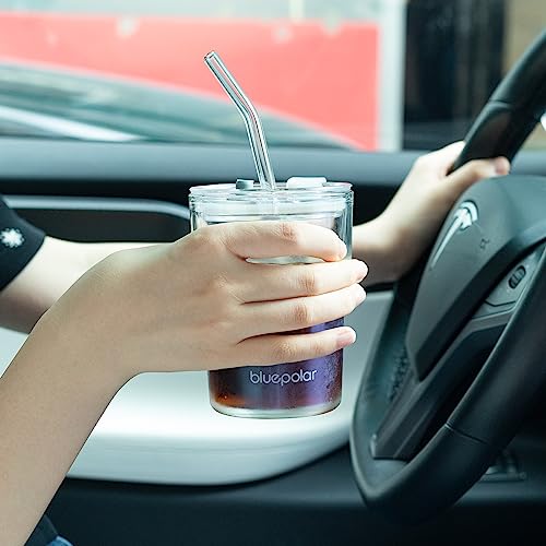 BLUEPOLAR 13oz/400ml Glass Water Tumbler with Straw and Lid Sealed Carry On Thick Wall Iced Coffee Cup Glass Cup for Water, Iced Tea Fruit Juice Etc(Aurora White