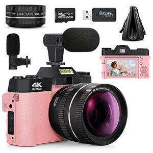 monitech digital cameras for photography, 48mp&4k vlogging camera for youtube, video camera with wide-angle & macro lenses, 16x digital zoom, flip screen, external microphone, 32gb tf card - pink