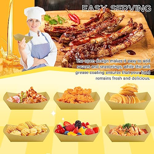 Cmkura 150 Pack Kraft Food Trays, 2 LB Paper Food Boats, Disposable Brown Paperboard Serving Baskets for Grease Resistant Fast Food, Hot Dog Nacho and Party Snack Holder