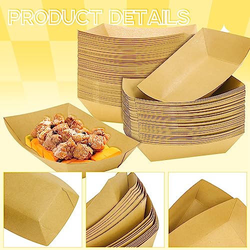 Cmkura 150 Pack Kraft Food Trays, 2 LB Paper Food Boats, Disposable Brown Paperboard Serving Baskets for Grease Resistant Fast Food, Hot Dog Nacho and Party Snack Holder