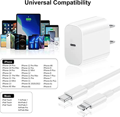Fast Charger iPhone [Apple MFi Certified] 1 Pack 20W PD USB C Wall Fast Charger Adapter with 1 Pack 6FT Type C to Lightning Cable Compatible with iPhone 14 Plus 14 13 12 11 Pro Max Mini XS XR X iPad