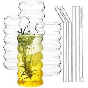 alink ribbed drinking glass cups with straws set of 4, 16 oz aesthetic iced coffee glasses, wave bubble glasses tumbler, ripple glassware, beer glasses for coctail, milk, soda, gift with brush