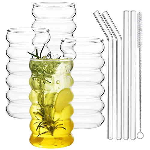 ALINK Ribbed Drinking Glass Cups with Straws Set of 4, 16 oz Aesthetic Iced Coffee Glasses, Wave Bubble Glasses Tumbler, Ripple Glassware, Beer Glasses for Coctail, Milk, Soda, Gift with Brush