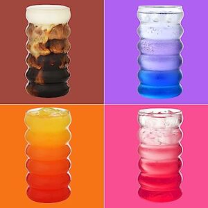 ALINK Ribbed Drinking Glass Cups with Straws Set of 4, 16 oz Aesthetic Iced Coffee Glasses, Wave Bubble Glasses Tumbler, Ripple Glassware, Beer Glasses for Coctail, Milk, Soda, Gift with Brush