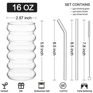 ALINK Ribbed Drinking Glass Cups with Straws Set of 4, 16 oz Aesthetic Iced Coffee Glasses, Wave Bubble Glasses Tumbler, Ripple Glassware, Beer Glasses for Coctail, Milk, Soda, Gift with Brush