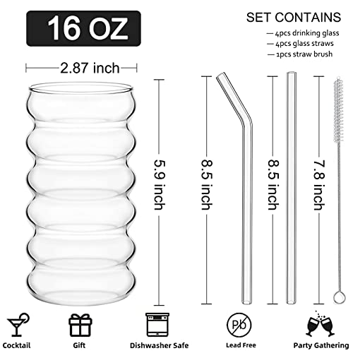 ALINK Ribbed Drinking Glass Cups with Straws Set of 4, 16 oz Aesthetic Iced Coffee Glasses, Wave Bubble Glasses Tumbler, Ripple Glassware, Beer Glasses for Coctail, Milk, Soda, Gift with Brush