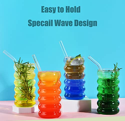 ALINK Ribbed Drinking Glass Cups with Straws Set of 4, 16 oz Aesthetic Iced Coffee Glasses, Wave Bubble Glasses Tumbler, Ripple Glassware, Beer Glasses for Coctail, Milk, Soda, Gift with Brush