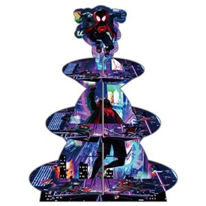 miles morales cupcake stand, spider hero miles party supplies, 3-tier dessert stand black spider hero party decorations for boys kids baby shower