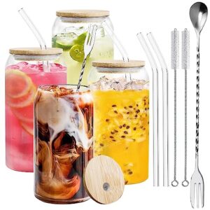 4 pcs glass cups with bamboo lids and glass straws and stainless steel stirring spoon. 16 oz can shaped ice glass coffee cups, drinking glasses and beer glasses and for whiskey, tea, soda, water