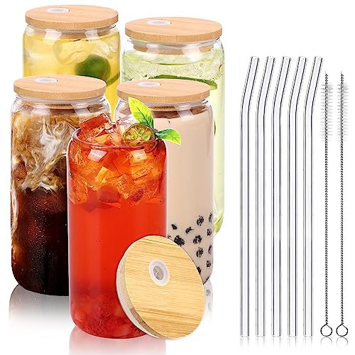 Moretoes 5pcs 16oz Glass Cups with Lids and Straws, Glass Iced Coffee Cups Drinking Glasses Set, Cute Tumbler Cup Boba Bottle for Jumbo Smoothie, Bubble Tea, Cold Brew,Soda, Juice