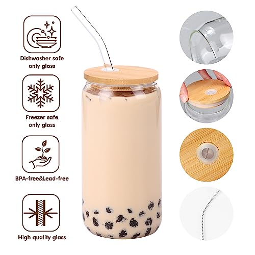 Moretoes 5pcs 16oz Glass Cups with Lids and Straws, Glass Iced Coffee Cups Drinking Glasses Set, Cute Tumbler Cup Boba Bottle for Jumbo Smoothie, Bubble Tea, Cold Brew,Soda, Juice