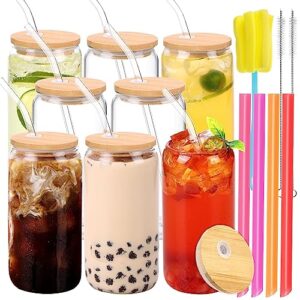 moretoes 8pcs 16oz glass cups with lids and straws, glass iced coffee cups drinking glasses set, cute tumbler cup boba bottle for jumbo smoothie, bubble tea, cold brew,soda, juice