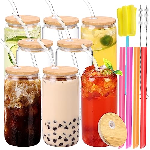 Moretoes 8pcs 16oz Glass Cups with Lids and Straws, Glass Iced Coffee Cups Drinking Glasses Set, Cute Tumbler Cup Boba Bottle for Jumbo Smoothie, Bubble Tea, Cold Brew,Soda, Juice