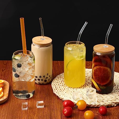 Moretoes 8pcs 16oz Glass Cups with Lids and Straws, Glass Iced Coffee Cups Drinking Glasses Set, Cute Tumbler Cup Boba Bottle for Jumbo Smoothie, Bubble Tea, Cold Brew,Soda, Juice