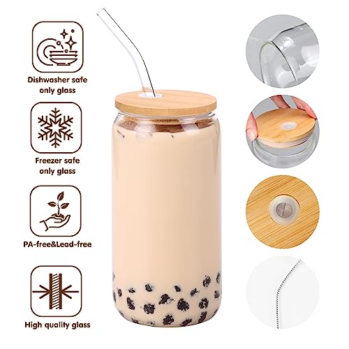 Moretoes 8pcs 16oz Glass Cups with Lids and Straws, Glass Iced Coffee Cups Drinking Glasses Set, Cute Tumbler Cup Boba Bottle for Jumbo Smoothie, Bubble Tea, Cold Brew,Soda, Juice