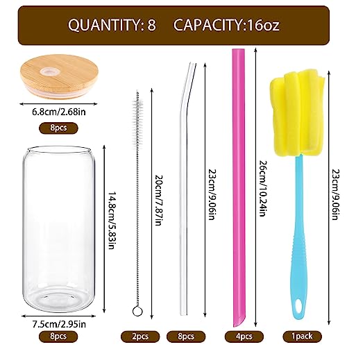 Moretoes 8pcs 16oz Glass Cups with Lids and Straws, Glass Iced Coffee Cups Drinking Glasses Set, Cute Tumbler Cup Boba Bottle for Jumbo Smoothie, Bubble Tea, Cold Brew,Soda, Juice