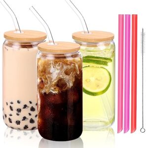 moretoes 3pcs 16oz glass cups with lids and straws, glass iced coffee cups drinking glasses set, cute tumbler cup boba bottle for jumbo smoothie, bubble tea, cold brew,soda, juice