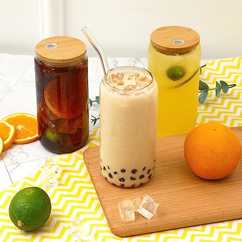 Moretoes 3pcs 16oz Glass Cups with Lids and Straws, Glass Iced Coffee Cups Drinking Glasses Set, Cute Tumbler Cup Boba Bottle for Jumbo Smoothie, Bubble Tea, Cold Brew,Soda, Juice