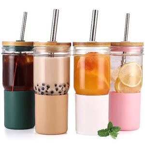 4 pack glass cups with lids and straws, 22oz mason jar glass tumbler, smoothie cup with silicone sleeve, reusable boba cup, modern cute iced coffee cup, drinking glasses for tea, juice, soda, cocktail