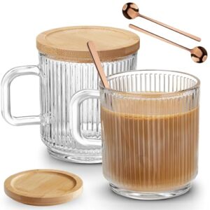 mfacoy 2 pack glass coffee mugs with handle & spoon, 12 oz glass coffee cups with bamboo lid, ribbed glass cups, clear tea cup for hot/cold beverages, glassware set for americano, latte, cappuccino