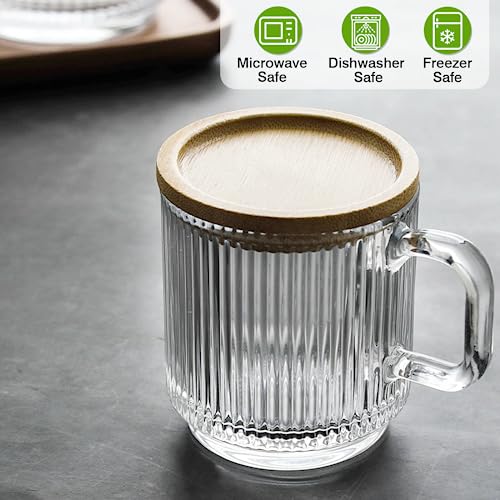 Mfacoy 2 PACK Glass Coffee Mugs with Handle & Spoon, 12 OZ Glass Coffee Cups with Bamboo Lid, Ribbed Glass Cups, Clear Tea Cup for Hot/Cold Beverages, Glassware Set for Americano, Latte, Cappuccino
