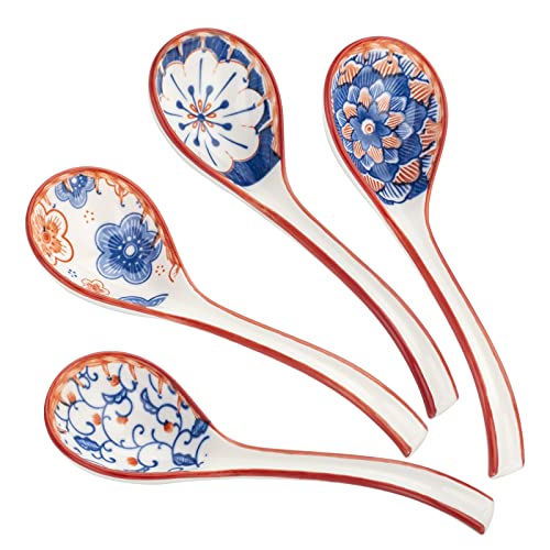 Asian Ceramic Soup Spoons Japanese - Soup Spoons with Long Curved Handle for Ramen Noodles,Dumpling,Rice(4 Pcs)