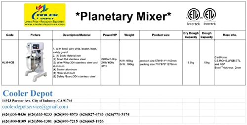 Commercial Mixer 40-Quart Food Bakery Pizza Dough Mixer Grinder Stand, 3 Phase, 240V, NSF Certified Restaurant kitchen HLM-40B