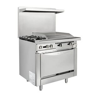 hoccot 36” gas range stove with 2 burners and 24” griddle cooktop, freestanding commercial natural gas restaurant range stainless steel w/standard oven & cast iron grate, 135,000 btu total