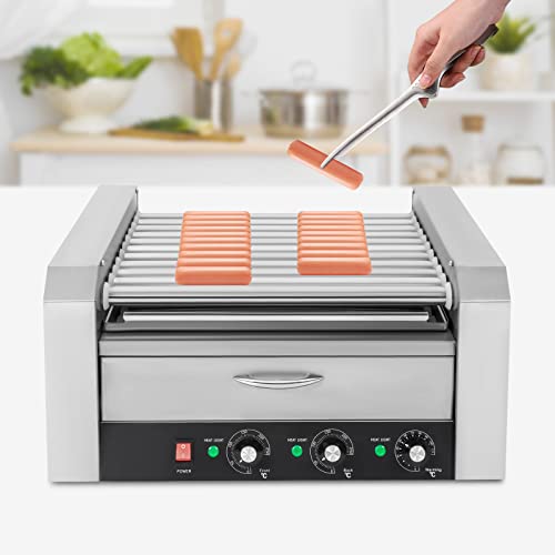 Commercial Hot Dog Machine Hotdog Grill Cooker with Bun Warmer 30 Hot Dog Warmer Roller Grill Cooker Machine for Shop, Snack,Bar 1560W