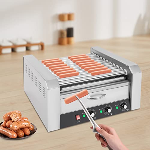 Commercial Hot Dog Machine Hotdog Grill Cooker with Bun Warmer 30 Hot Dog Warmer Roller Grill Cooker Machine for Shop, Snack,Bar 1560W