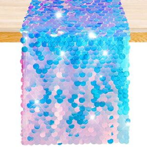 Mermaid Party Table Runner 12 x 84 Inches Mermaid Tail Scales Table Runner Glitter Holographic Sequin Table Cover for Ocean Under The Sea Party Decorations Mermaid Party Supplies (1)