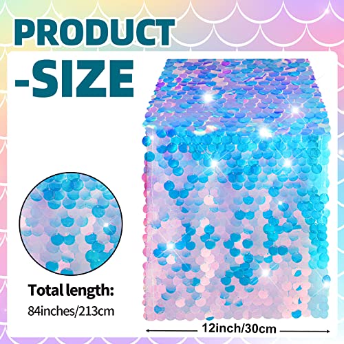 Mermaid Party Table Runner 12 x 84 Inches Mermaid Tail Scales Table Runner Glitter Holographic Sequin Table Cover for Ocean Under The Sea Party Decorations Mermaid Party Supplies (1)