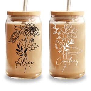 personalized name glass cup with birth flower, custom ice coffee bridesmaid gift for her, friend, birthday, bachelorette party, customized aesthetic boho floral beer can tumbler bamboo lid straw