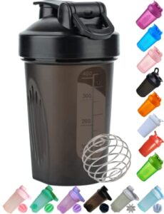 shaker bottle in dark black - a small cup printed scale marks of 12 oz & 400 ml,stainless whisk blender ball,leak proof,bpa free,made of pp5,dishwasher safe,easy to clean (other color-style available)