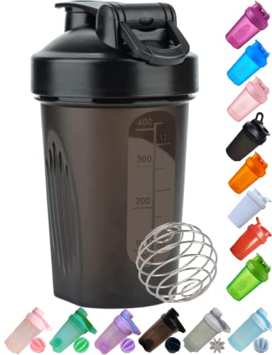 Shaker Bottle in Dark Black - A Small Cup Printed Scale Marks of 12 OZ & 400 ML,Stainless Whisk Blender Ball,Leak Proof,BPA Free,Made of PP5,Dishwasher Safe,Easy to Clean (Other Color-Style Available)