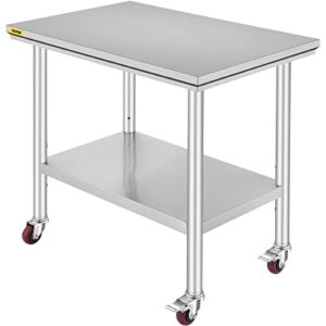 stainless steel work table 36x24 inch commercial food prep worktable heavy duty kitchen table with undershelf metal table w/casters for kitchen, restaurant, hotel, garage (36in x 24in)