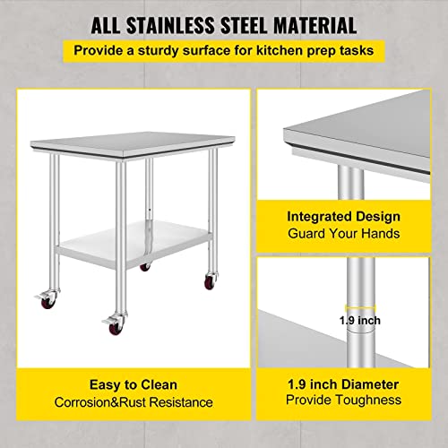 Stainless Steel Work Table 36x24 Inch Commercial Food Prep Worktable Heavy Duty Kitchen Table with Undershelf Metal Table w/Casters for Kitchen, Restaurant, Hotel, Garage (36in x 24in)