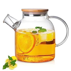 glass teapot stovetop microwave safe, 50oz/1500ml glass tea kettle with bamboo lid and removable filter spout, heatproof borosilicate glass teapot for loose leaf, blooming tea and fruit tea…