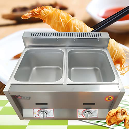 2 × 6L Pans Food Warmer Heater, Commercial Stainless Steel Gas Buffet Countertop Food Warmer Table Steamer Soup Warmer Gas Deep Fryer for Catering and Restaurants