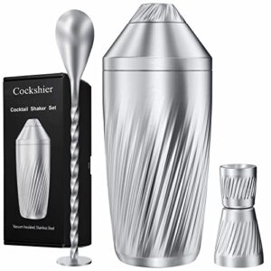 cocktail shaker bar set - innovative premium vacuum insulated stainless steel drink shaker double wall margarita mixer jigger & mixing spoon set - martini shaker for home bartender - 28oz