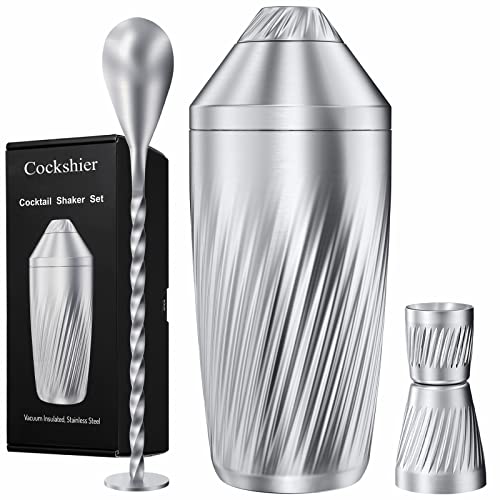 Cocktail Shaker Bar Set - Innovative Premium Vacuum Insulated Stainless Steel Drink Shaker Double Wall Margarita Mixer Jigger & Mixing Spoon Set - Martini Shaker for Home Bartender - 28oz