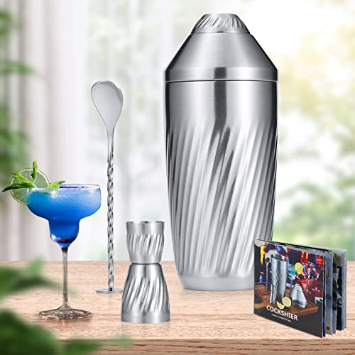 Cocktail Shaker Bar Set - Innovative Premium Vacuum Insulated Stainless Steel Drink Shaker Double Wall Margarita Mixer Jigger & Mixing Spoon Set - Martini Shaker for Home Bartender - 28oz