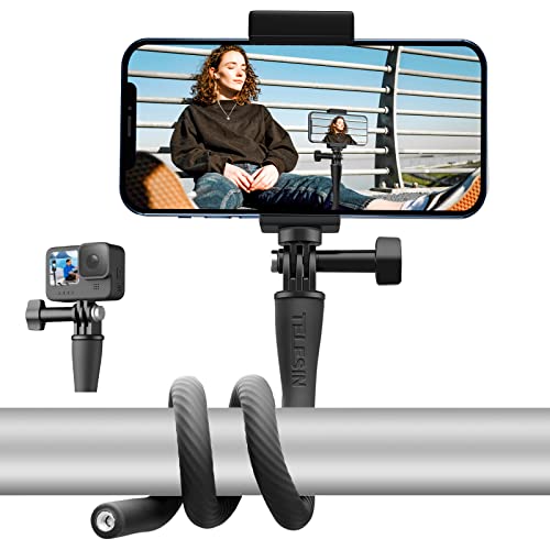 TELESIN Flexible Mount Clamp for GoPro Insta360 Phones, Camera iPhone Android Tripod Stand Neck Holder Selfie Stick Pole for Bike, Motorcycle, Boat, Tube, Treadmill, Stroller, Car, Desk