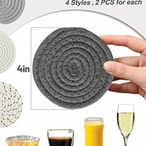 8 Pcs Absorbent Drink Coasters, 4 Styles Handmade BOHO Woven Coasters for Coffee Table, Heat-resistant Modern Cotton Coasters for Kinds of Cups Housewarming (4.3in)