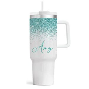 personalized 40oz tumbler with handle and straw | stainless steel insulated tumbler | travel cup | double wall coffee cup for hot and cold drinks | teal glitter effect with name
