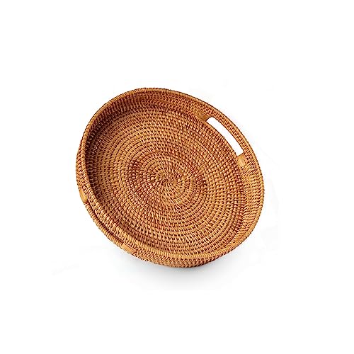 Round Rattan Serving Tray Decorative Woven Ottoman Trays for Coffee Table Natural Round Woven Tray, 14 Inch
