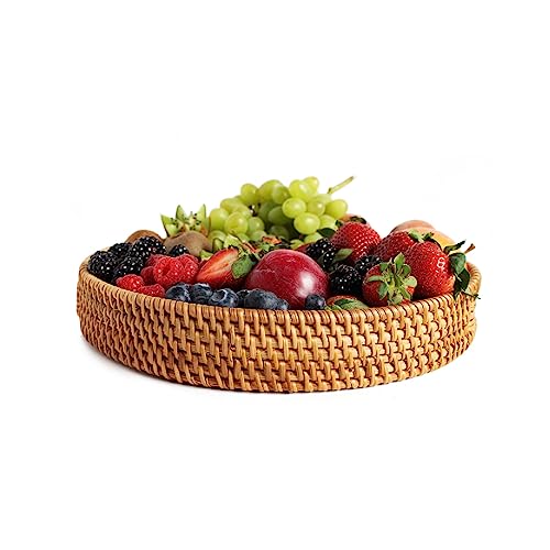 Round Rattan Serving Tray Decorative Woven Ottoman Trays for Coffee Table Natural Round Woven Tray, 14 Inch