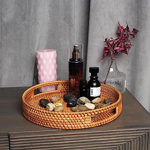 Round Rattan Serving Tray Decorative Woven Ottoman Trays for Coffee Table Natural Round Woven Tray, 14 Inch